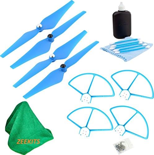 Set of 4 Quick Release Prop Guards and Set of 4 9450 Self-tightening Propeller Blades for All DJI Phantom 1, Phantom 2, Phantom 3 Series Quadcopters - Blue Color + 3pc Cleaning Kit