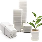 foxany 30 Pcs 3" Nursery Pot, Thick Plastic Square Flower Planting Pots, Plant Seedling Pots, 30 Seed Starting Pots with 30 Saucers - White