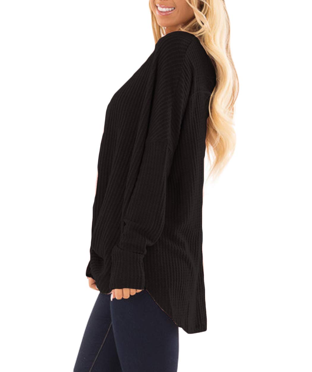 Eanklosco Tie Knot Tops Womens Waffle Knit V Neck Blouse Button Down Long Sleeve Henley Shirt (Black, M)