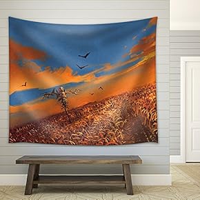 Illustration - Corn Field with Scarecrow and Sunset Sky,Illustration Painting - Fabric Wall Tapestry Home Decor - 51x60 inches