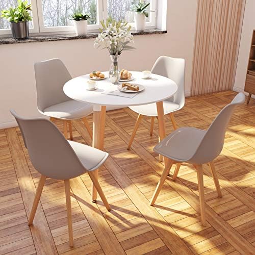 jeffordoutlet Dining Table and Chairs Set of 4, Modern Round Dining Set Home Kitchen Living Room Furniture (White Round Table + Grey Chairs)