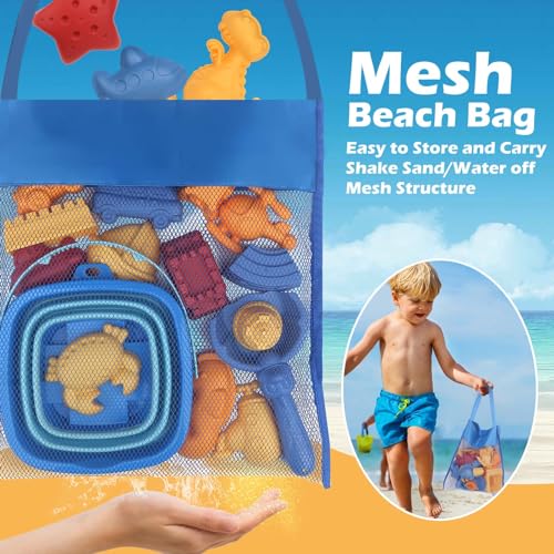 YIMORE Beach Games, 30 Pieces Beach Toys Children with Folding Bucket, Net Bag, Sand Toys, Beach Games Boys Girls 2 3 4 5 6 Year Old