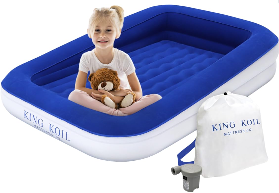 Photo 1 of King Koil Luxury Toddler Inflatable Child Airbed, Travel Bed with Built-in Safety Bumper, Portable Air Mattress for Kids, Includes High-Speed Pump - Blue