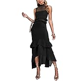 Aisbei Women's Elegant Bodycon Maxi Dress Mock Neck Sleeveless Mesh Ruffle Dress Party Cocktail Formal Wedding Guest Dresses