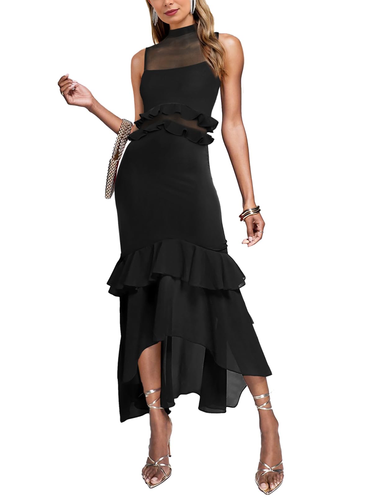 Photo 1 of Aisbei Women's Bodycon Maxi Dress Sleeveless Mock Neck Mesh Ruffle Mermaid Dress Formal Party Cocktail Wedding Guest Dresses-Black S