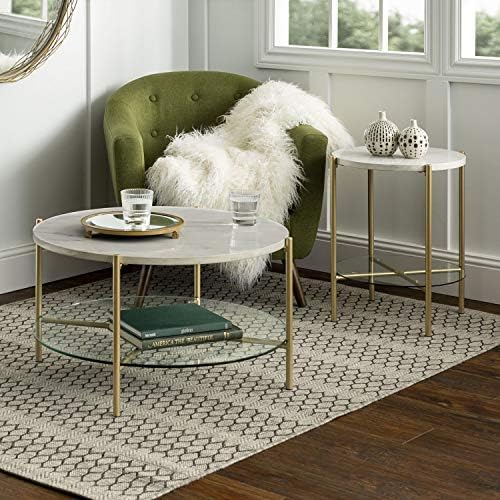 Offex 32" L 2-Piece Round Coffee Table Set - White Faux Marble/Gold