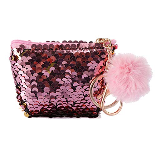 AkoMatial Nylon Mermaid Glittering Sequins Coin Purse Pompom Mini Money Pouch Bag Wallet for Girls