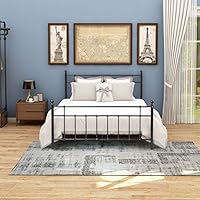 JURMERRY Queen Size Bed Frame Platform Mattress Foundation with Headboard and Footboard Box Spring Replacement(Queen, Black/Silver)