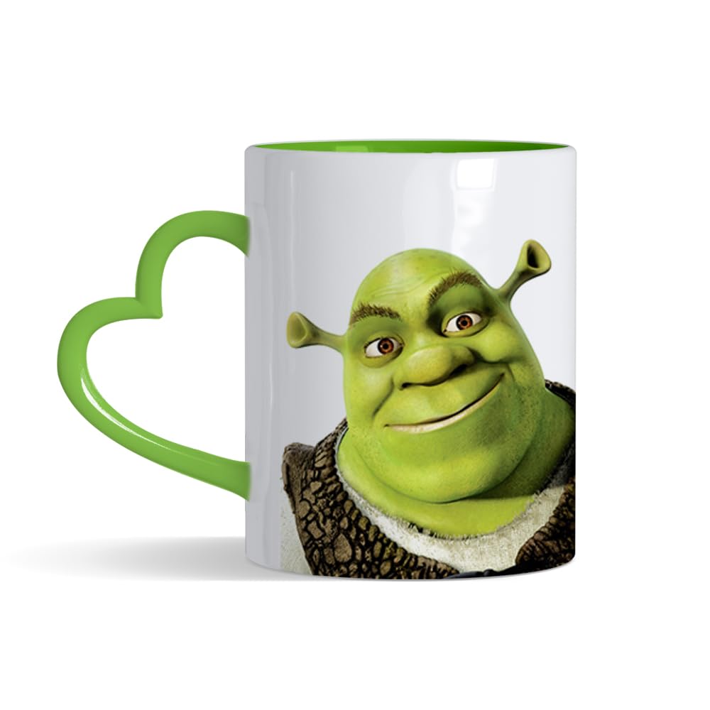Cartoon Character Mug - Funny Shrek 11 oz Coloured Heart Handle Ceramic Coffee Mug. (Green Heart Handle)
