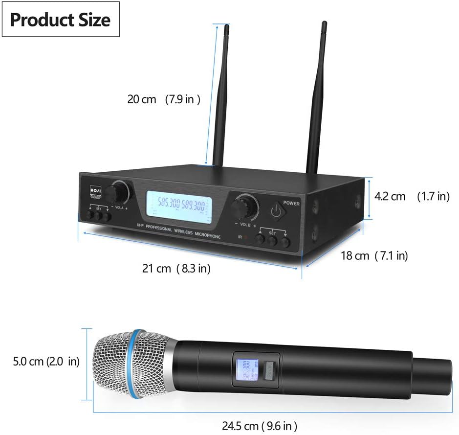 ROSI UHF Wireless Microphone System 200 Channel Dual Wireless Mic Set