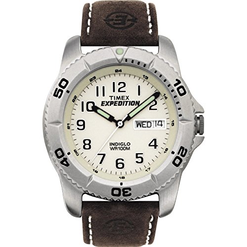 Timex Expedition - Correa de cuero marrón resistente con esfera blanca y ventana de fecha para hombre (40 mm)