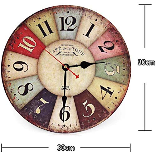 Qukueoy 30cm Thick Wood Kitchen Wall Clock Retro Farmhouse Clocks for Living Room Decor Bedroom Restaurant,Silent Battery Operated,Colorful Tuscan Country Style