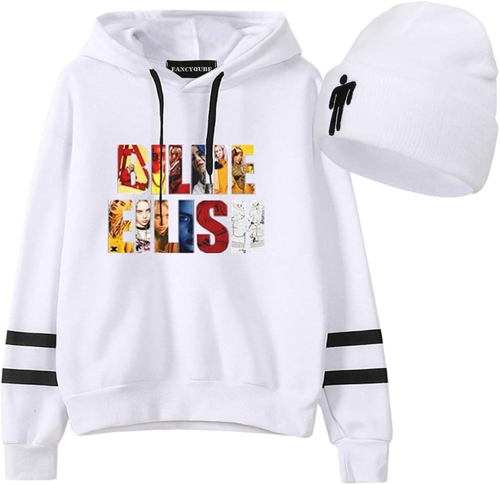 CREPUSCOLO Unisex Billie Eilish Hoodie with Beanie Knit Hat 2 Piece Set Stretchy Cap Long Sleeve Sweatshirt