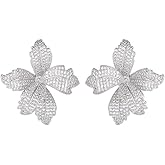 Luxury Big Flower Cubic Zirconia Crystal Statement Stud Dangle Earrings for Women Dainty 925 Sterling Silver Post Diamond Petal Large Flowers Huggie Studs Hypoallergenic Fashion Trendy Jewelry