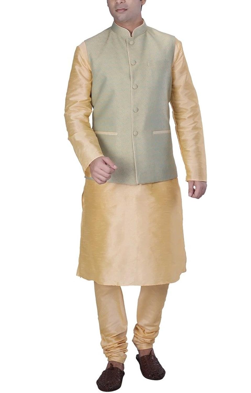 kisah men's beige silk blend kurta and churidar with green cotton silk nehru jacket