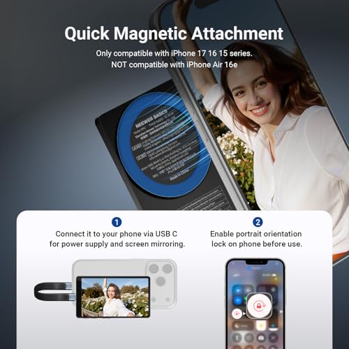 NEEWER Basics 4" Ultra Thin Magnetic Vlog Selfie Monitor Screen, Metal Back Camera Monitor w 600nits/Remote for 4K 120fps Wired Recording Streaming, Only Compatible with iPhone 17 16 15 Series, M4U