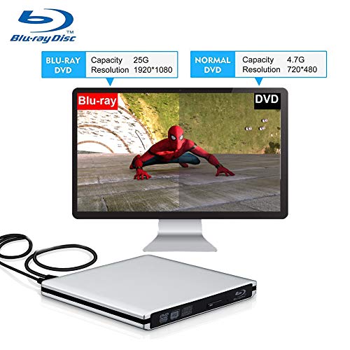 Blu Ray Drive External, Blu-ray Player USB 3.0 DVD CD RAM Burner Play 3D 4K Disk CD Re-Writer Ultra-Slim Portable Compatible for Notebook Mac Book OS Windows 7 8 10 PC (Sliver)