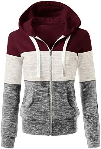 Womens Long Sleeve Zip Up Hoodie Top Color Block Basic Casual Hooded Sweatshirt