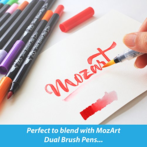 Water Brush Pens - Set of 6 brush tips - Perfect to use with watercolor paints, water soluble pencils, brush pens, markers - Blends with water - Convenient - Aqua Pen - MozArt Supplies