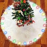 BIGOU Christmas Tree Skirt, 30 Inch Snow White Faux Fur Tree Skirt Carpet Base Floor Mat Cover Built-in LED Light 2 Lighting Modes Christmas Tree Decorations for Party Holiday Home