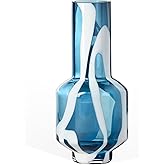 Torre & Tagus Mouth Blown Blue Art Glass Vase with White Swirls - 12" Tall Decorative Vase for Modern or Coastal Home Decor, 
