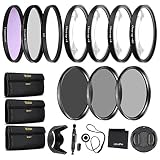 55mm Precision 10-PC Filter Kit Accessory Bundle - Includes UV, CPL, FLD, ND2, ND4, ND8 and 4 Macro Close-up Filters, Lens Hood, Cap, Cases and More