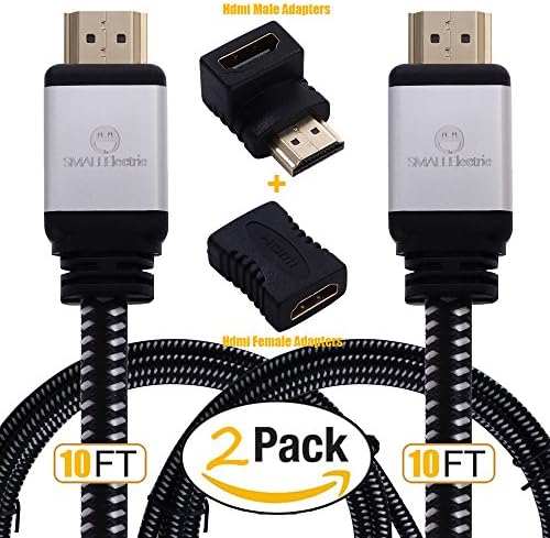 SMALLElectric HDMI Cable 10FT 2-Pack Nylon Braided Hdmi Cord(Two Hdmi Adapter) 4K UHD HDMI 2.0/Ultra High Speed 18Gbps/Ethernet &amp; Audio Return/Video 2160p HD 1080p 3D- Xbox PlayStation PS PC Apple TV