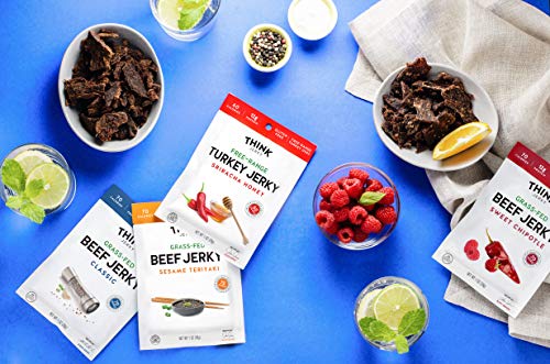 Think Jerky - Variety Pack, 100% Grass-Fed Beef Jerky and Free-Range Turkey Jerky, Low Calorie, Low Carb Snacks, Gluten-Free, Healthy, 2.20 Ounce (4 Count)