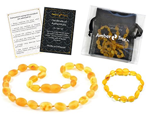 RAW Amber Teething Set - Amber Teething Necklace plus Bracelet/Anklet for Babies - Fit for Moms too - Certificated Baltic Amber - Teething Pain Reduce Anti Inflammatory (Honey)