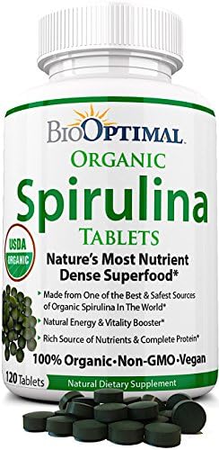 BioOptimal Spirulina Tablets: 100% USDA Organic, Premium Quality 4 Organic Certifications, Non-GMO, No Additives Capsules or Fillers, Easy-to-Swallow, 120 Count 1 Month Supply
