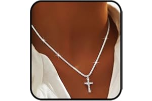 Yalice 925 Sterling Silver Sparkly Necklace Layered Dainty Chain Necklace Silver Cross Pendant Paperclip Necklaces Waterproof Minimalist Jewelry Gifts