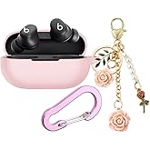 Case for Beats Solo Buds Case Cover with Flower Keychain, Cute Soft Silicone Shockproof Protective Skin Cases for Beats Solo Buds Wireless Earbuds with Carabiner for Women Girl (Pink)
