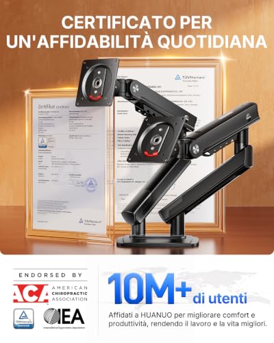 HUANUO Dual Monitor Arm for 13-32" Screens (Max 9 kg), FlowLift Pro Monitor Stand, MechaSpring (Tilt/Swivel/Rotatable), Toolless VESA Mount, Base with C-Clamp or Grommet