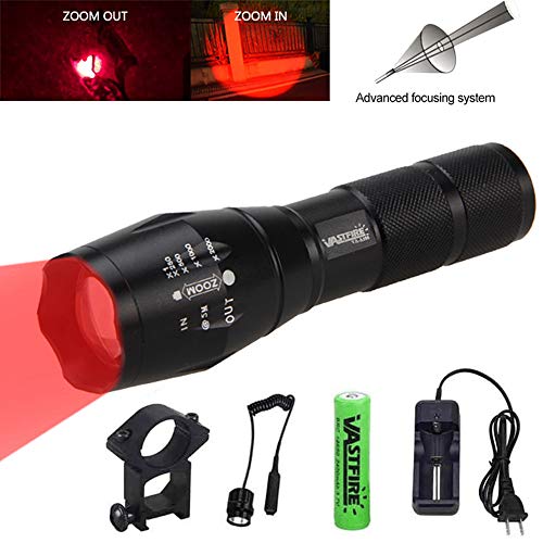 VASTFIRE Zoomable Red Coyote Coon Bobcat Raccoon Varmint Hunting Flashlight 125 Yard Include Rechargeable Battery Pressure Switch Picatinny Rail Mount Gift Case