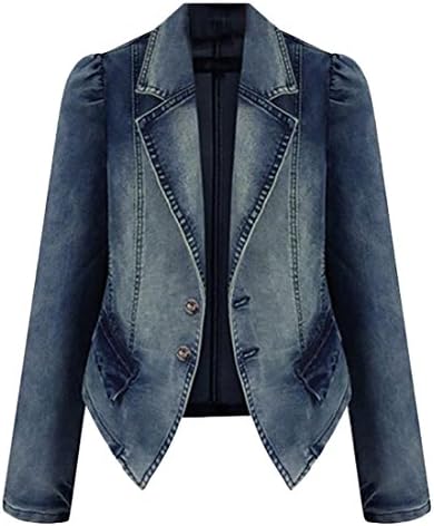 Frieed Womens Retro Lapel Fade Pockets Slim Irregular Demin Jacket Coats Dark Blue US L