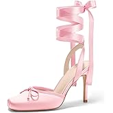 Coutgo Womens Ballet High Heels Satin Closed Square Toe Ballerina Heels Lace Up Bow Pumps Prom Shoes