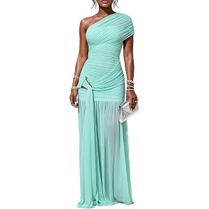 CHICME Women's Elegant Formal Wedding Guest Maxi Dress | One Shoulder Cocktail Party Dresses,Mesh Ruched High Slit Bodycon Lo