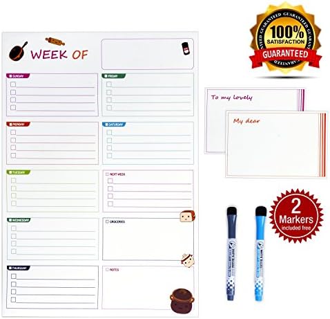 Magnetic Dry Erase White board Calendar for Fridge 17x11" Weekly Meal Planner - Smart reminder for Home Kitchen Refrigerator Organizer Stain Resistant Technology Includes 2 Magnet Markers and 2 Notes