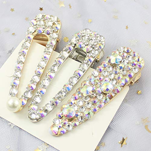 Rhinestone Hairpins Pearls Hair Clips for Women Girls Shiny Hair Barrettes Wedding Bridal Artificial Crystal Hairpins Handmade Bridesmaid Hair Accessories (3Pcs AB Crystal Hairpins) - Thumbnail 2