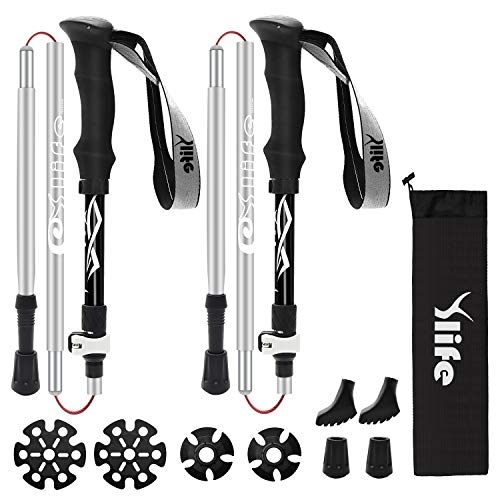 Ylife Trekking Poles, 2 Pack Foldable Hiking Sticks, Strong Lightweight Aluminum 7075, Adjustable Quick Flip-Lock, Perfect for Hiking, Walking, Backpacking and Snowshoeing (Black)