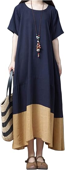 Amazon エムズ モア ゆったりワンピース レディース 夏 半袖 Tシャツワンピース 麻綿 ワンピース マキシ丈ワンピース ビックシルエット バイカラーワンピース 切替ワンピース ポケット 春 秋 夏 Tシャツワンピ Tシャツわんぴ 無地 丸首 レディス むじ わんぴーす