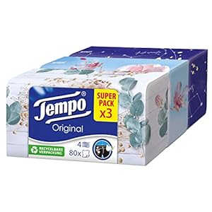 Tempo Zakdoeken Original Trio-Box, 4-laags tempo’s in praktische doekjesbox met leuk design, 3 x 80 doeken (240 doekjes)