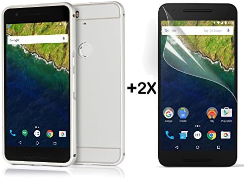 Ceoamzus Aluminum Metal Bumper Frame Case + 2X Clear LCD Screen Protector Film for Google Nexus 6P(Silver)