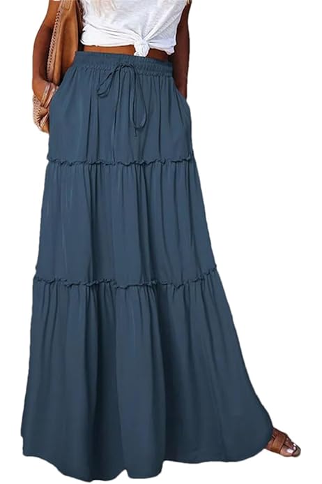 Amazon.com: Tiered Maxi Skirts for Women Trendy Casual Drawstring 