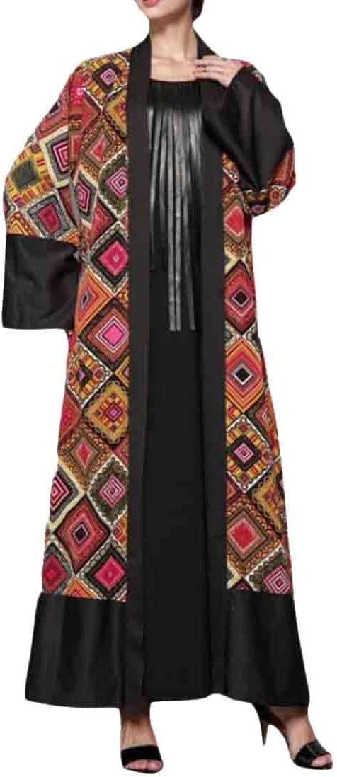 Womens Retro Muslim Saudi Arabia Floral Printed Abaya Cardigan Maxi Dresses