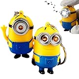 2Pcs Despicable Me Minion Keychain Ring with LED Flashlight, Touch Sound Toy 3D Eyes PVC Figure