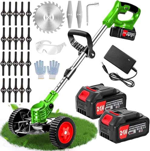 Electric Weed Wacker Cordless with Wheels,24V Electric Weed Eater 3-in-1 Grass Trimmer/Brush Cutter/Edger, 2pcs Batteries&3 Types Blades, Lightweight, Low Noise for Thick Weeds&Yard Garden