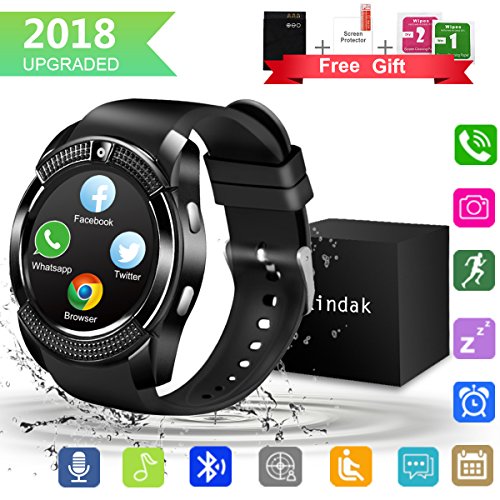 Bluetooth Smartwatch, Wasserdicht Smart Watch Rund mit SIM Kartenslot Whatsapp Touchscreen, Intelligente Armbanduhr Sport Fitness Tracker Armband fur Android iphone ios Samsung Sony Huawei Damen Herren (Schwarz - V8)