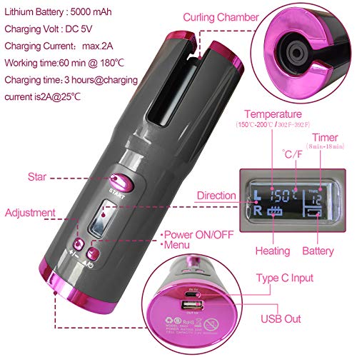Automatic Hair Curler Cordless, Portable Fast Heating Ceramic Barrel with Adjustable Temperature & Timer,Curling Wand… - Image 2