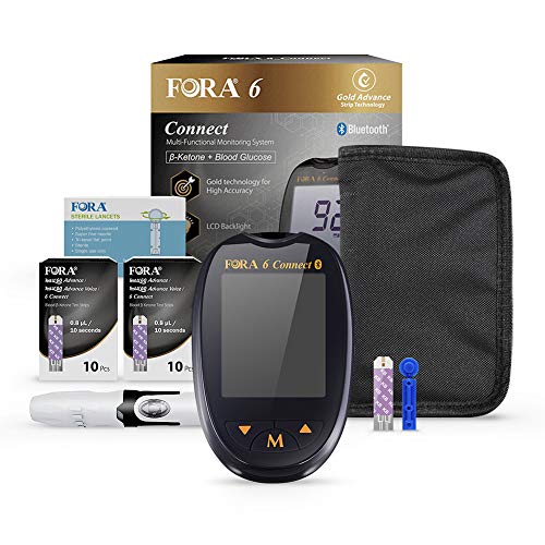 FORA 6 Connect KT20 Blood Ketone Testing Meter Kit to Monitor Your Ketogenic Low Carb Diet and Nutritional Ketosis via Smartphone App, 1 Meter, 1 Lancing, 100 Lancets, 20 Ketone Strips, Carry Case